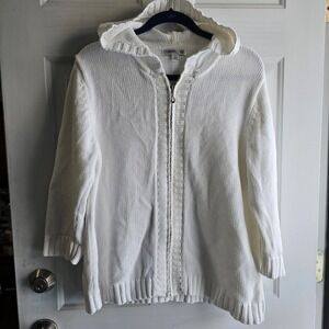 Coldwater Creek White Cotton Knit Zip Up Hoodie Sweater Cardigan 1X